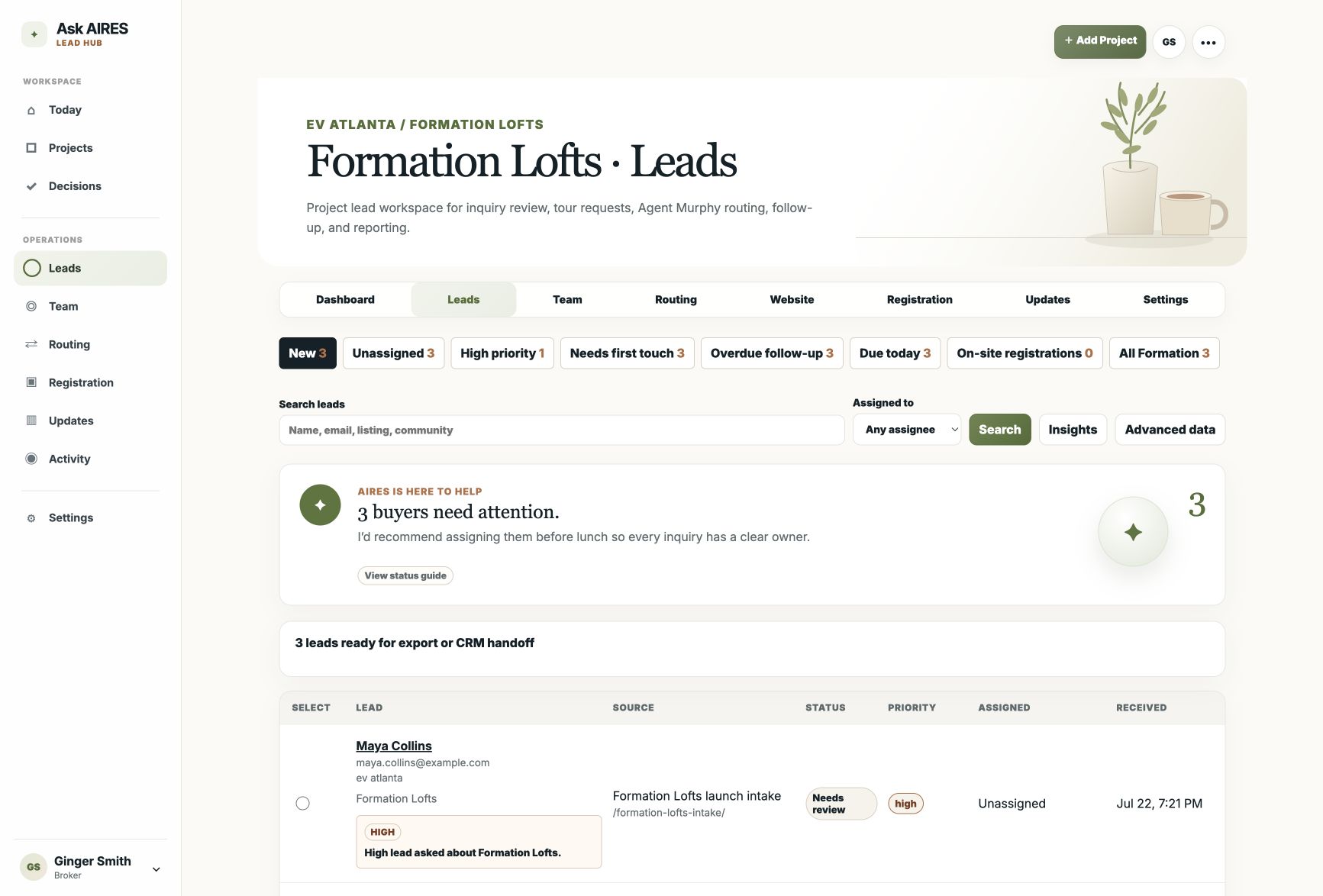 Current Ask AIRES Formation Lofts lead workspace with AI briefing and sanitized sample leads